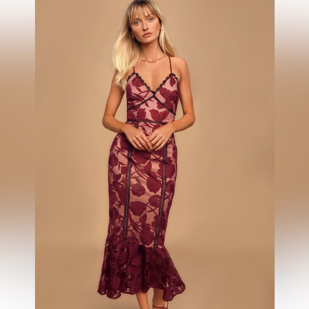 Lulus-Alluring Dream Burgundy Floral Mesh Lace Trumpet Midi Dress